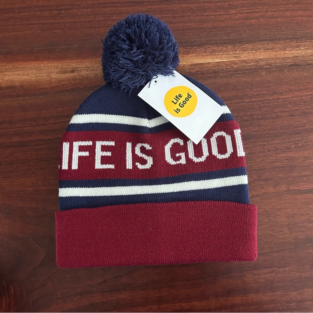 Life Is Good Beanie Hat with Pom Cranberry Red Navy NWT